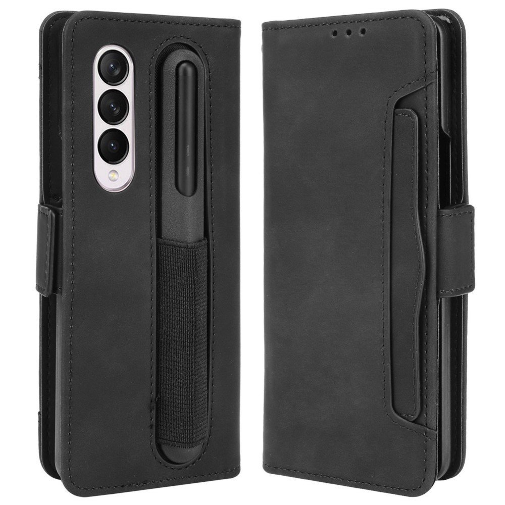For Samsung Galaxy Z Fold4 5G Well-Protected Anti-Fall Pen Slot Phone Case PU Leather + TPU Phone Cover Multiple Card Slot Wallet Stand Design - Black