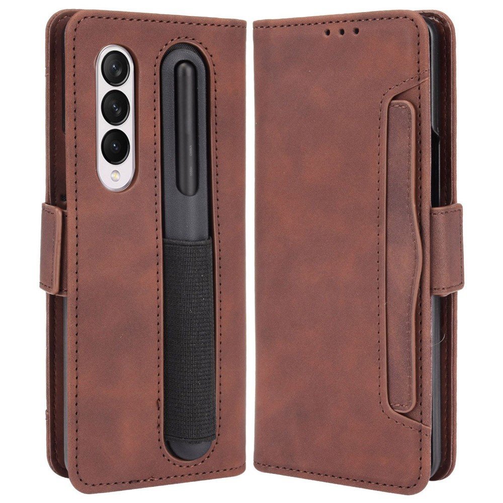 For Samsung Galaxy Z Fold4 5G Well-Protected Anti-Fall Pen Slot Phone Case PU Leather + TPU Phone Cover Multiple Card Slot Wallet Stand Design - Brown