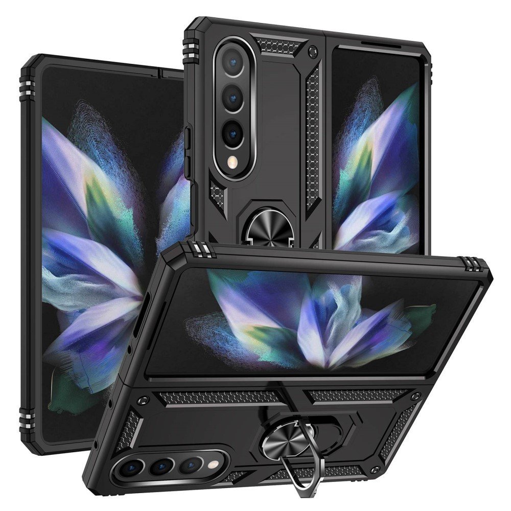 For Samsung Galaxy Z Fold4 5G TPU + PC Shockproof Phone Case Ring Holder Kickstand Protective Cover with Car Mount Metal Sheet - Black
