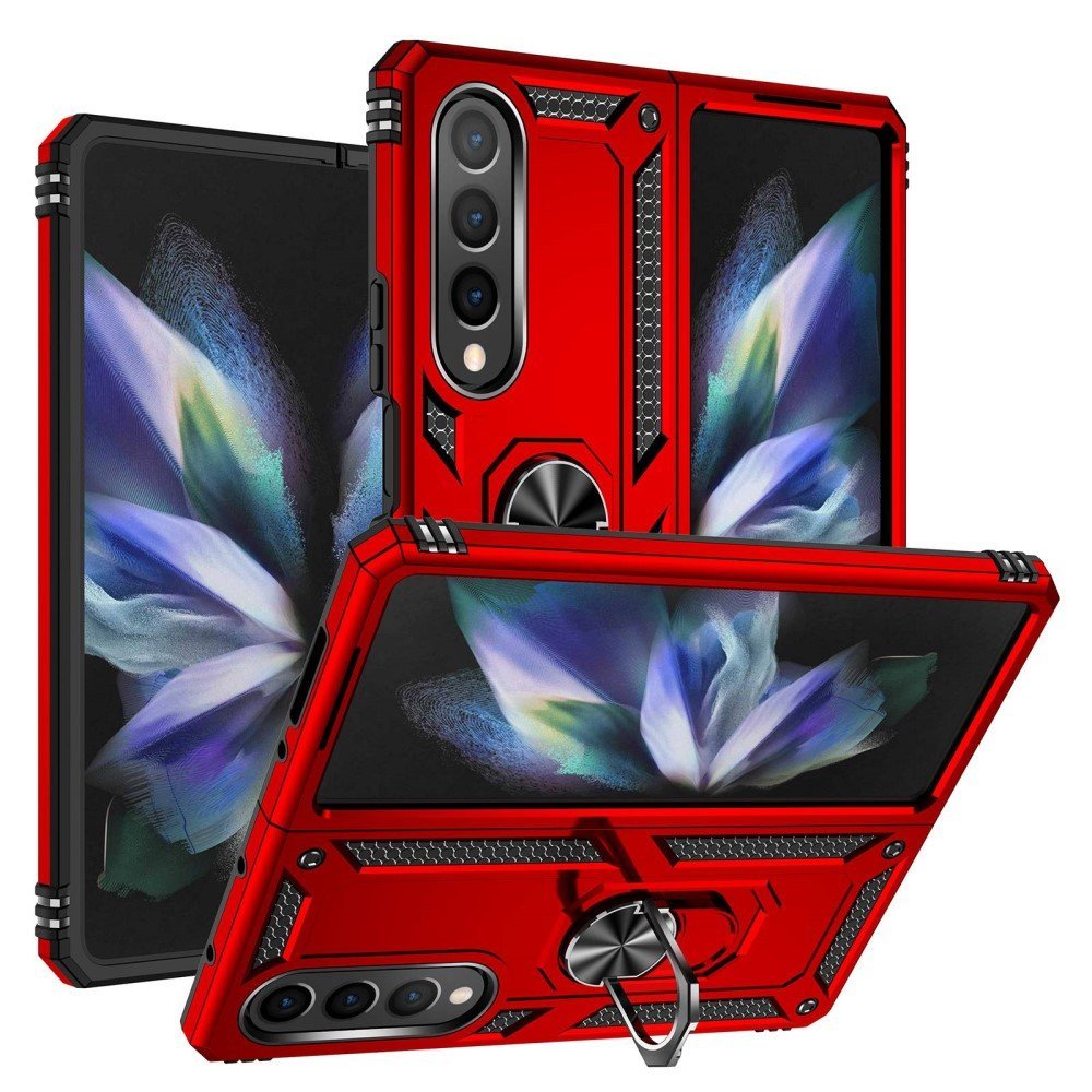 For Samsung Galaxy Z Fold4 5G TPU + PC Shockproof Phone Case Ring Holder Kickstand Protective Cover with Car Mount Metal Sheet - Red
