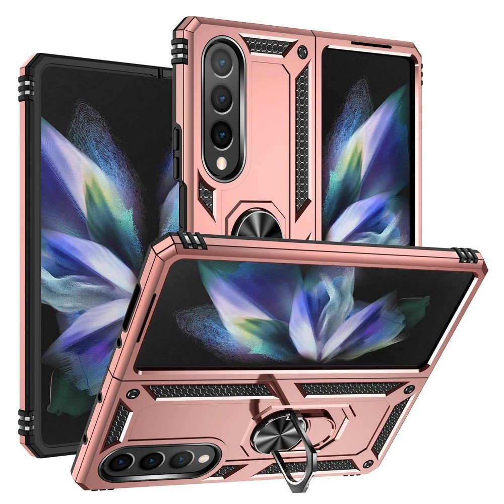 For Samsung Galaxy Z Fold4 5G TPU + PC Shockproof Phone Case Ring Holder Kickstand Protective Cover with Car Mount Metal Sheet - Rose Gold