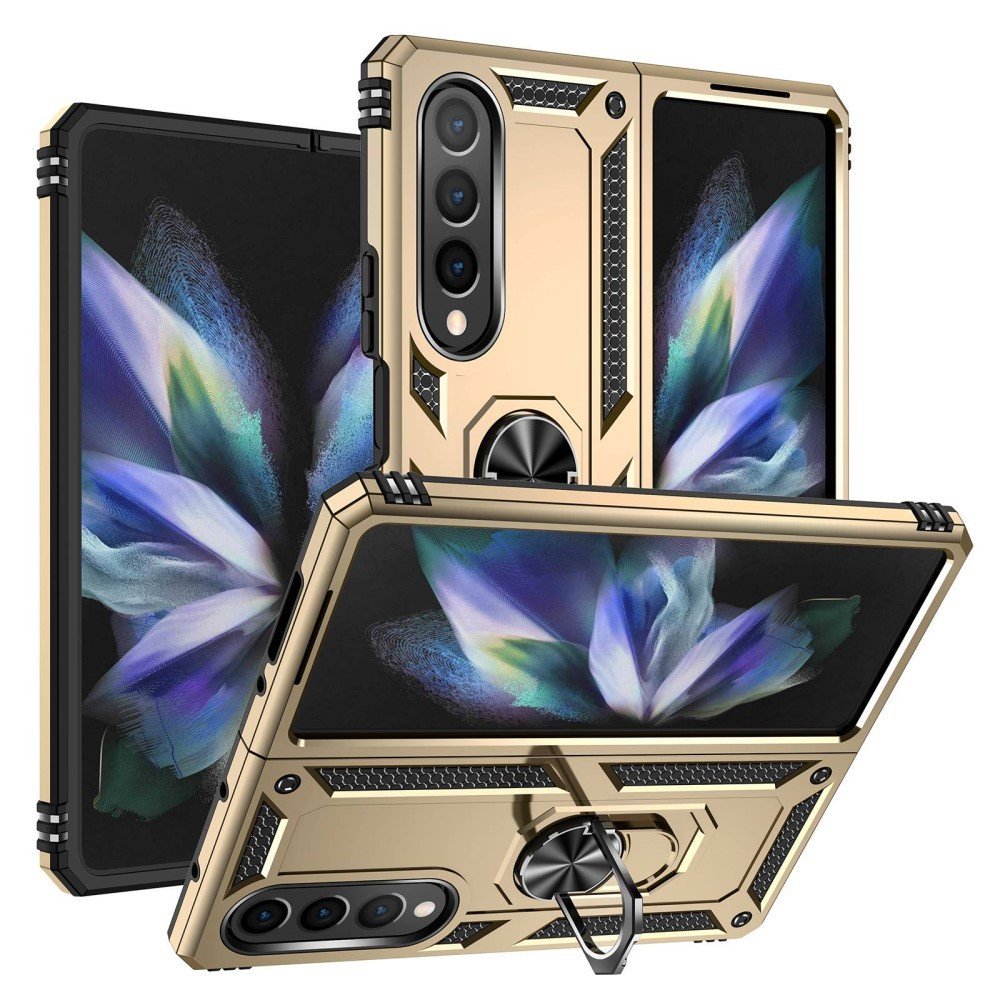 For Samsung Galaxy Z Fold4 5G TPU + PC Shockproof Phone Case Ring Holder Kickstand Protective Cover with Car Mount Metal Sheet - Gold