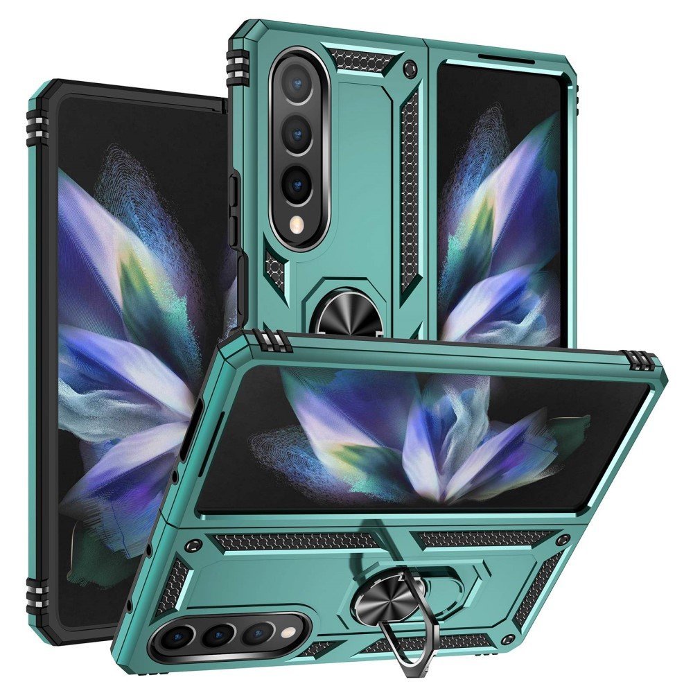 For Samsung Galaxy Z Fold4 5G TPU + PC Shockproof Phone Case Ring Holder Kickstand Protective Cover with Car Mount Metal Sheet - Blackish Green