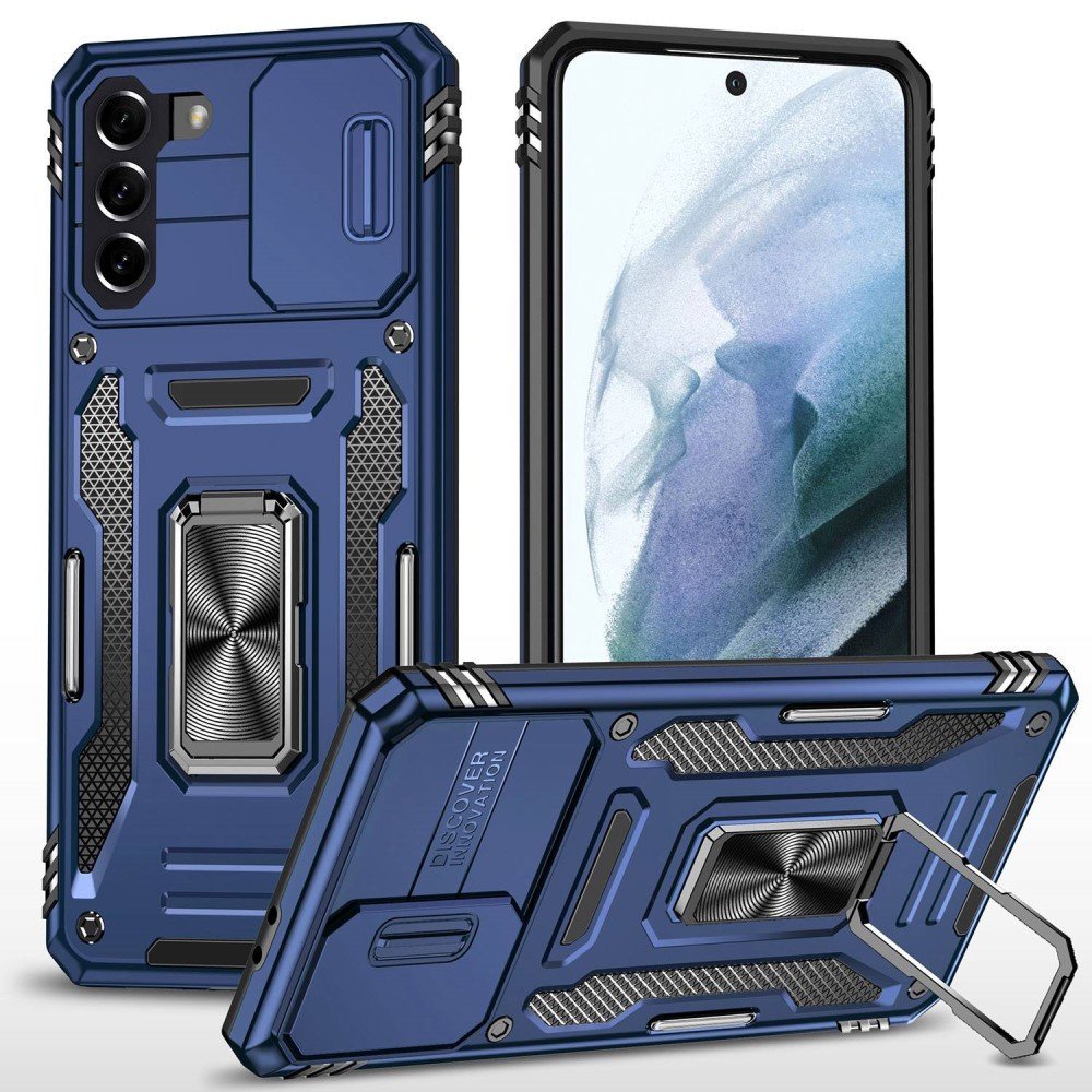 For Samsung Galaxy S21 4G / S21 5G Anti-Drop Phone Case PC + TPU Ring Kickstand Cell Phone Shell with Slide Camera Cover - Navy Blue