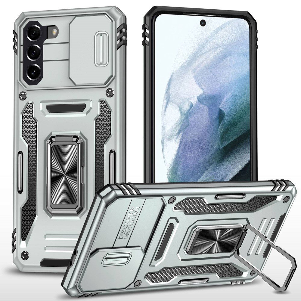 For Samsung Galaxy S21 4G / S21 5G Anti-Drop Phone Case PC + TPU Ring Kickstand Cell Phone Shell with Slide Camera Cover - Grey