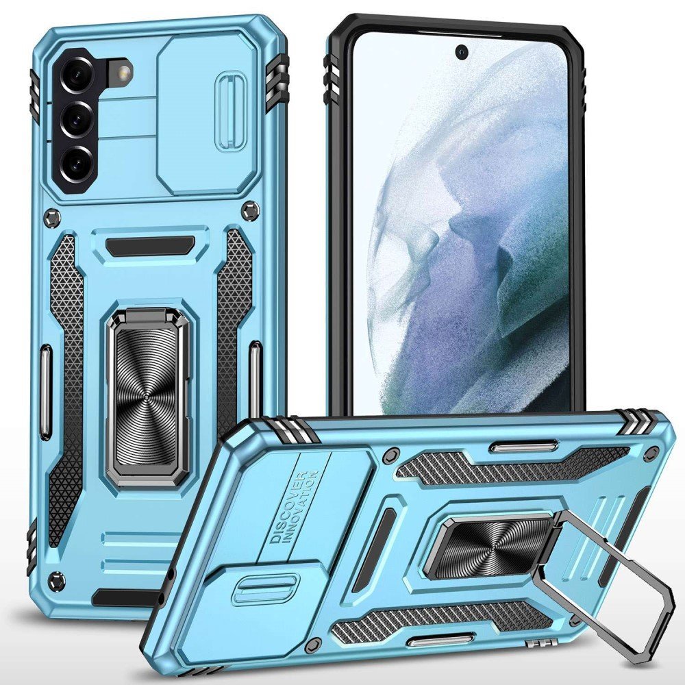 For Samsung Galaxy S21 4G / S21 5G Anti-Drop Phone Case PC + TPU Ring Kickstand Cell Phone Shell with Slide Camera Cover - Light Blue