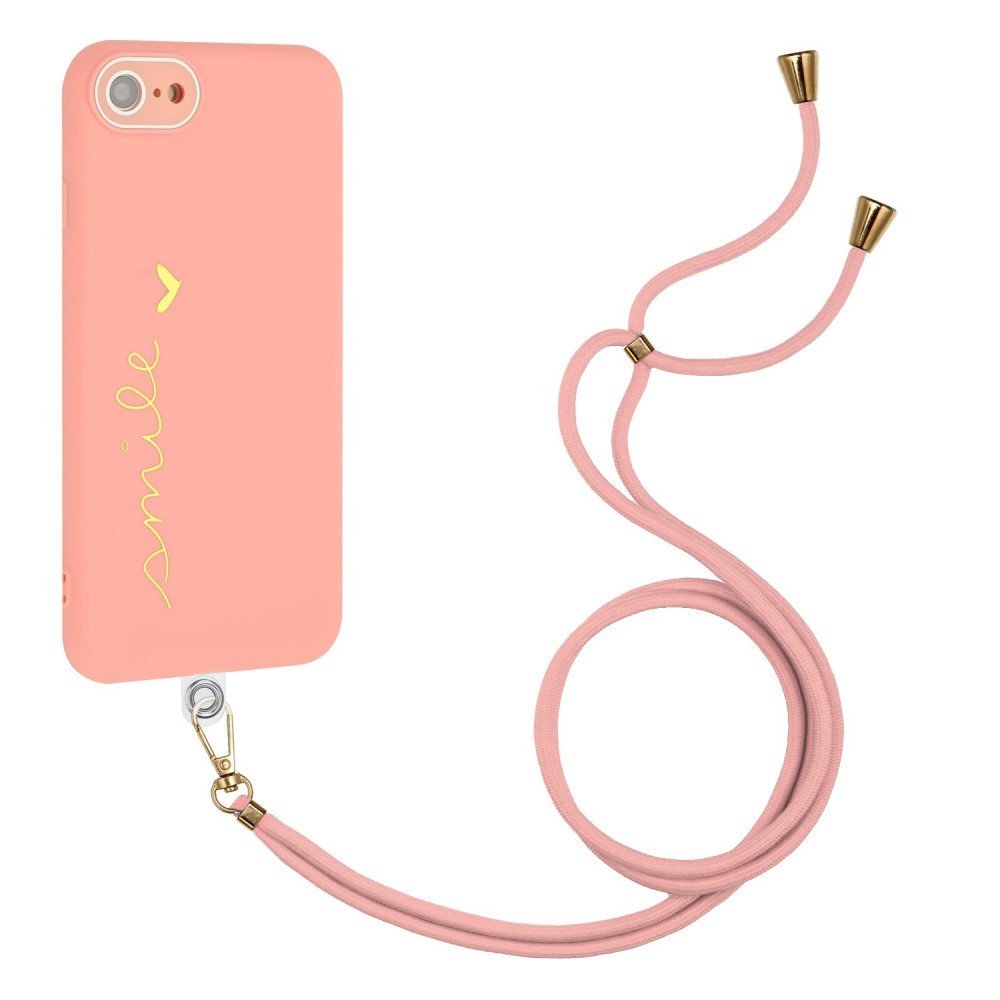 For iPhone 7 / 8 4.7 inch / SE (2020) / (2022) Lacquered Phone Case Protective TPU Back Cover with Lanyard and Camera Lens Film - Pink