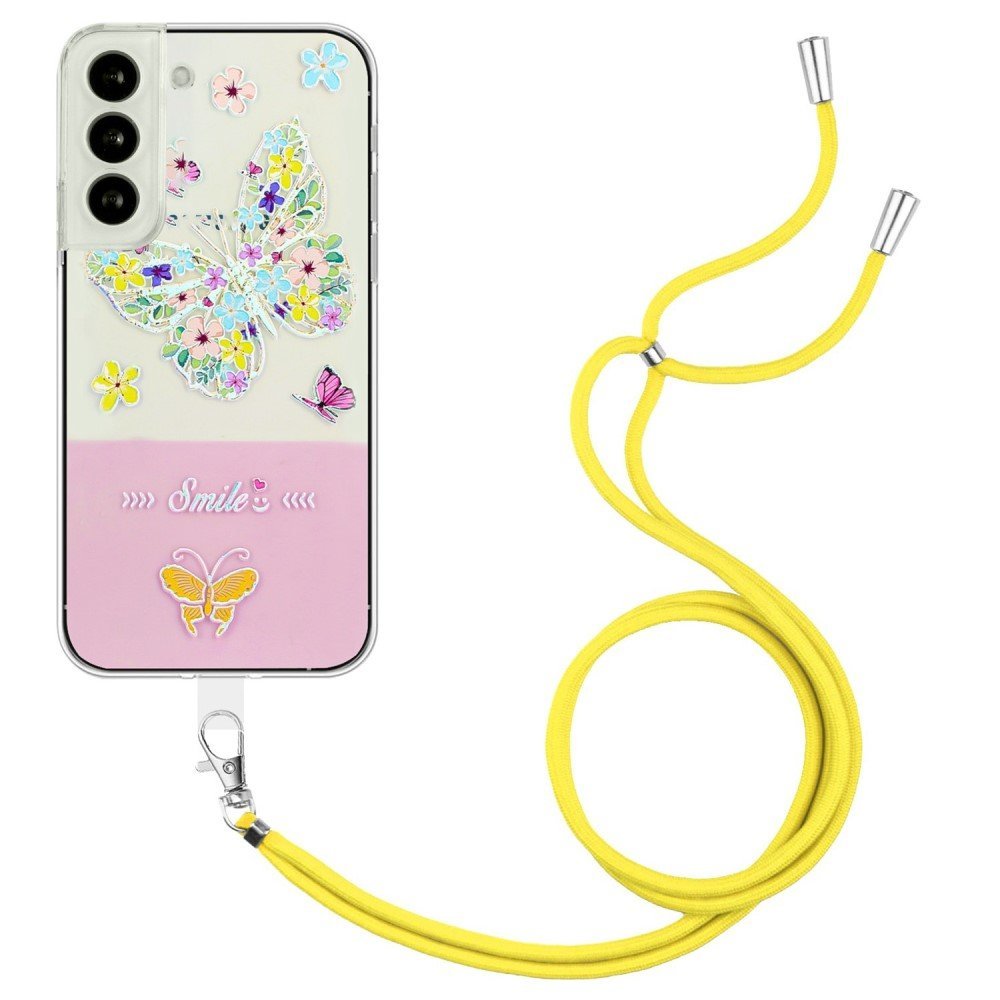 For Samsung Galaxy S22 5G Embossment Lacquered Butterfly TPU Cover Well-protected Anti-drop Phone Case with Lanyard - Yellow