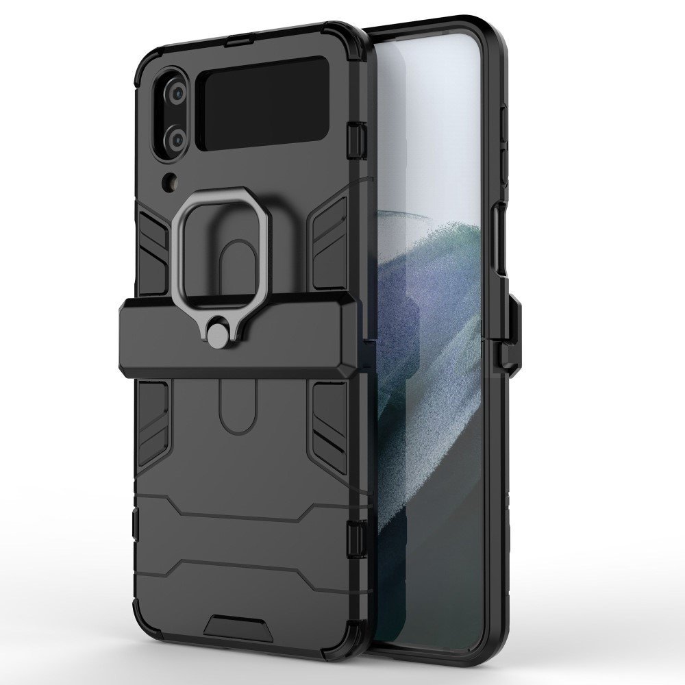 For Samsung Galaxy Z Flip4 5G Rotatable Ring Holder Kickstand Phone Case Kickstand Hard PC Soft TPU Shock Absorption Cover - Black