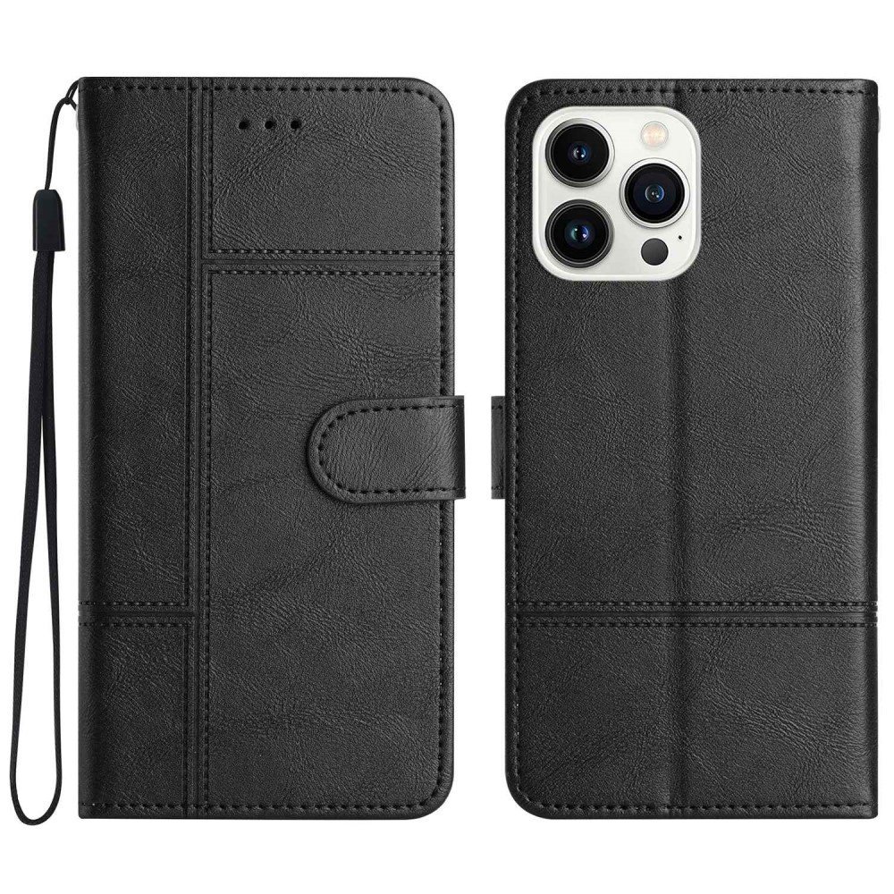 For iPhone 14 Pro Flip Wallet Case, Business Style Impact Resistant Cowhide Texture PU Leather Phone Stand Cover with Strap - Black