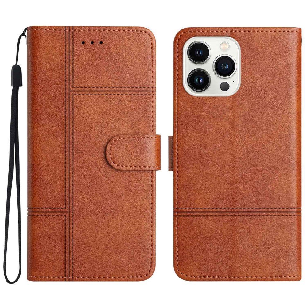 For iPhone 14 Pro Max Flip Wallet Case, Business Style Anti-collision Cowhide Texture PU Leather Phone Stand Cover with Strap - Brown