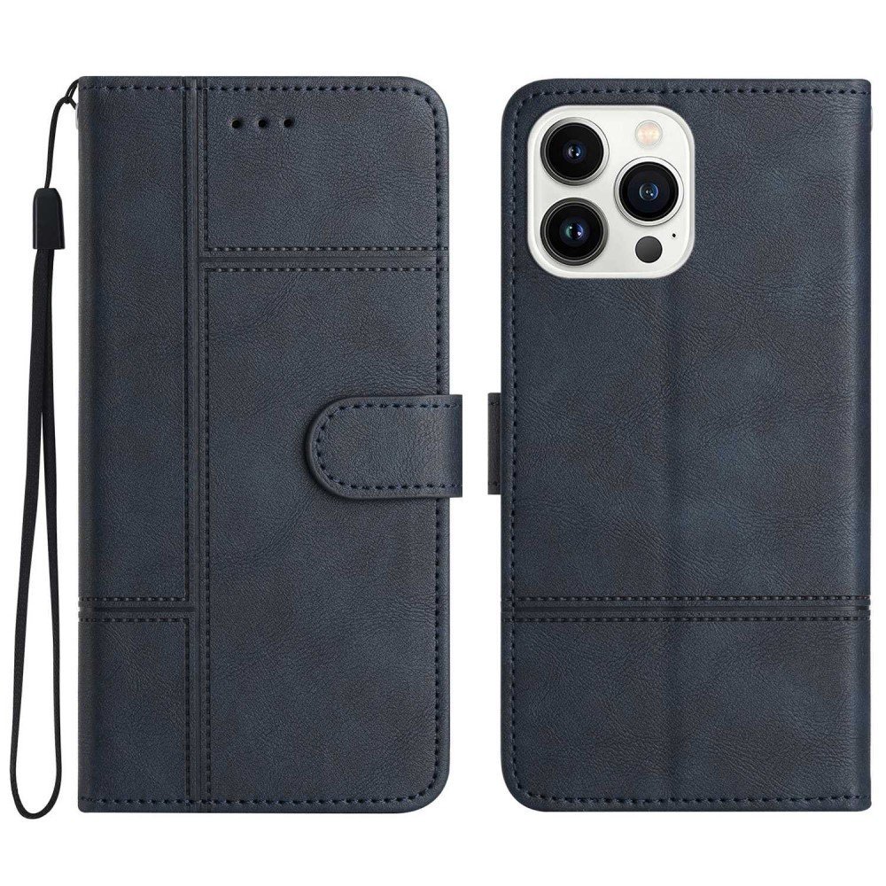 For iPhone 14 Pro Max Flip Wallet Case, Business Style Anti-collision Cowhide Texture PU Leather Phone Stand Cover with Strap - Blue