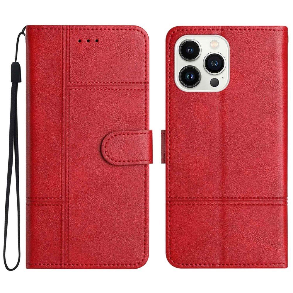 For iPhone 14 Pro Max Flip Wallet Case, Business Style Anti-collision Cowhide Texture PU Leather Phone Stand Cover with Strap - Red
