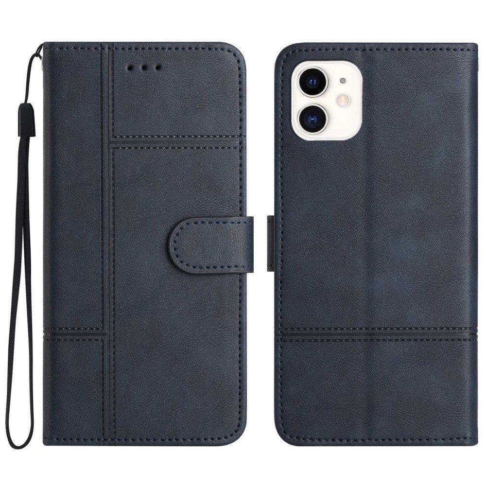 For iPhone 12 mini 5.4 inch Cowhide Texture Phone Wallet Case Drop-proof PU Leather Folio Flip Cover Folding Stand with Strap - Blue