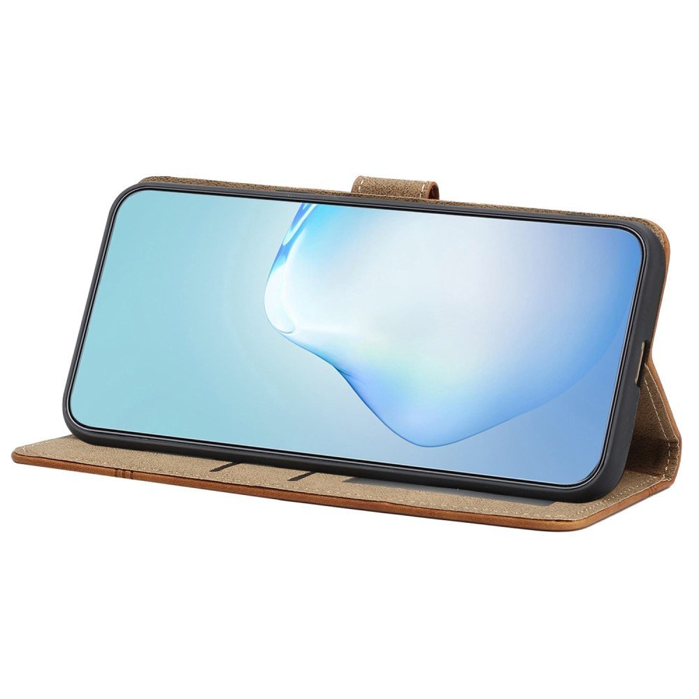 For Samsung Galaxy A22 4G (EU Version) Skin-touch Feeling Vintage PU Leather Phone Cover Lines Decor Drop-proof Flip Stand Shell Case with Wallet - Brown – Image 2