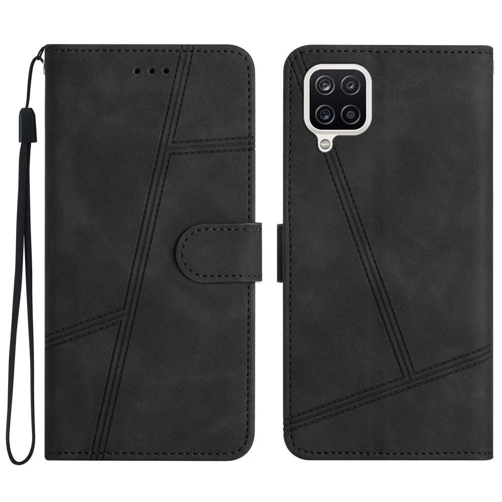 For Samsung Galaxy A22 4G (EU Version) Skin-touch Feeling Vintage PU Leather Phone Cover Lines Decor Drop-proof Flip Stand Shell Case with Wallet - Black