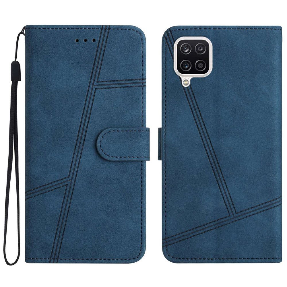 For Samsung Galaxy A22 4G (EU Version) Skin-touch Feeling Vintage PU Leather Phone Cover Lines Decor Drop-proof Flip Stand Shell Case with Wallet - Blue