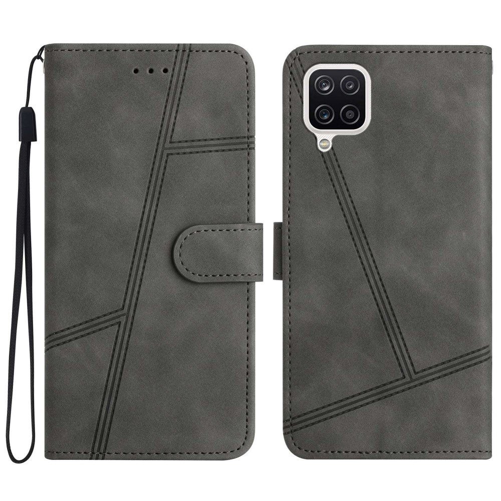 For Samsung Galaxy A22 4G (EU Version) Skin-touch Feeling Vintage PU Leather Phone Cover Lines Decor Drop-proof Flip Stand Shell Case with Wallet - Grey