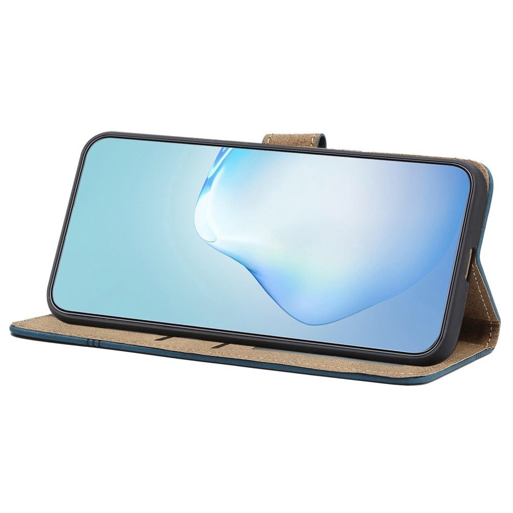 For iPhone 13 6.1 inch PU Leather Stand Phone Cover Skin-touch Feeling Lines Decor Vintage Style Anti-scratch Wallet - Blue – Image 2