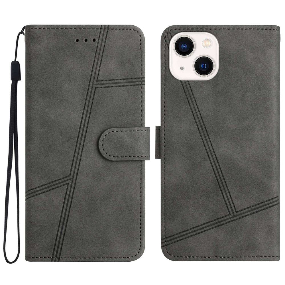 For iPhone 13 6.1 inch PU Leather Stand Phone Cover Skin-touch Feeling Lines Decor Vintage Style Anti-scratch Wallet - Grey