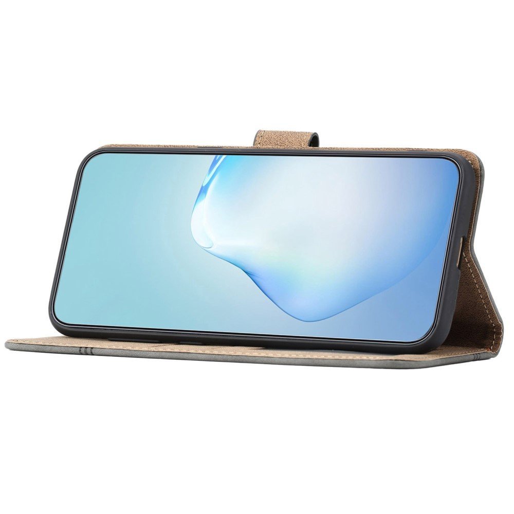 For iPhone 13 6.1 inch PU Leather Stand Phone Cover Skin-touch Feeling Lines Decor Vintage Style Anti-scratch Wallet - Grey – Image 2