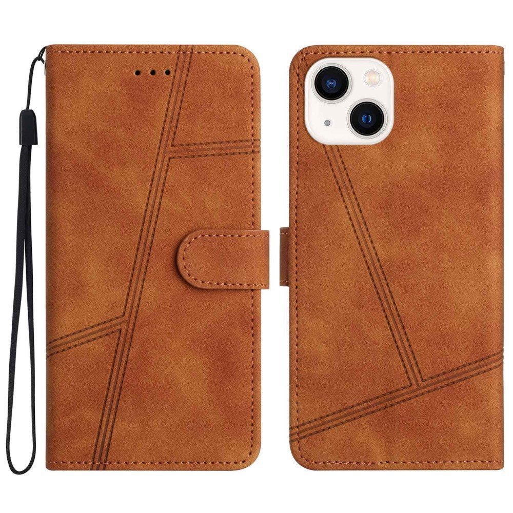 For iPhone 14 Plus Skin-touch Feeling Vintage PU Leather Phone Cover Lines Imprinted Drop-proof Flip Stand Shell Case with Wallet - Brown