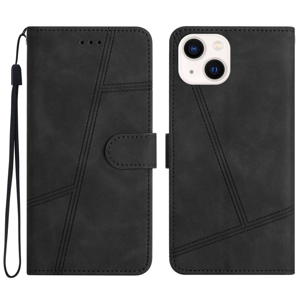 For iPhone 14 Plus Skin-touch Feeling Vintage PU Leather Phone Cover Lines Imprinted Drop-proof Flip Stand Shell Case with Wallet - Black