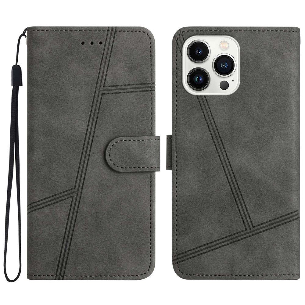 For iPhone 12 Pro Max 6.7 inch Skin-touch Feeling Anti-scratch Vintage PU Leather Phone Cover Lines Imprinted Flip Stand Shell Case with Wallet - Grey