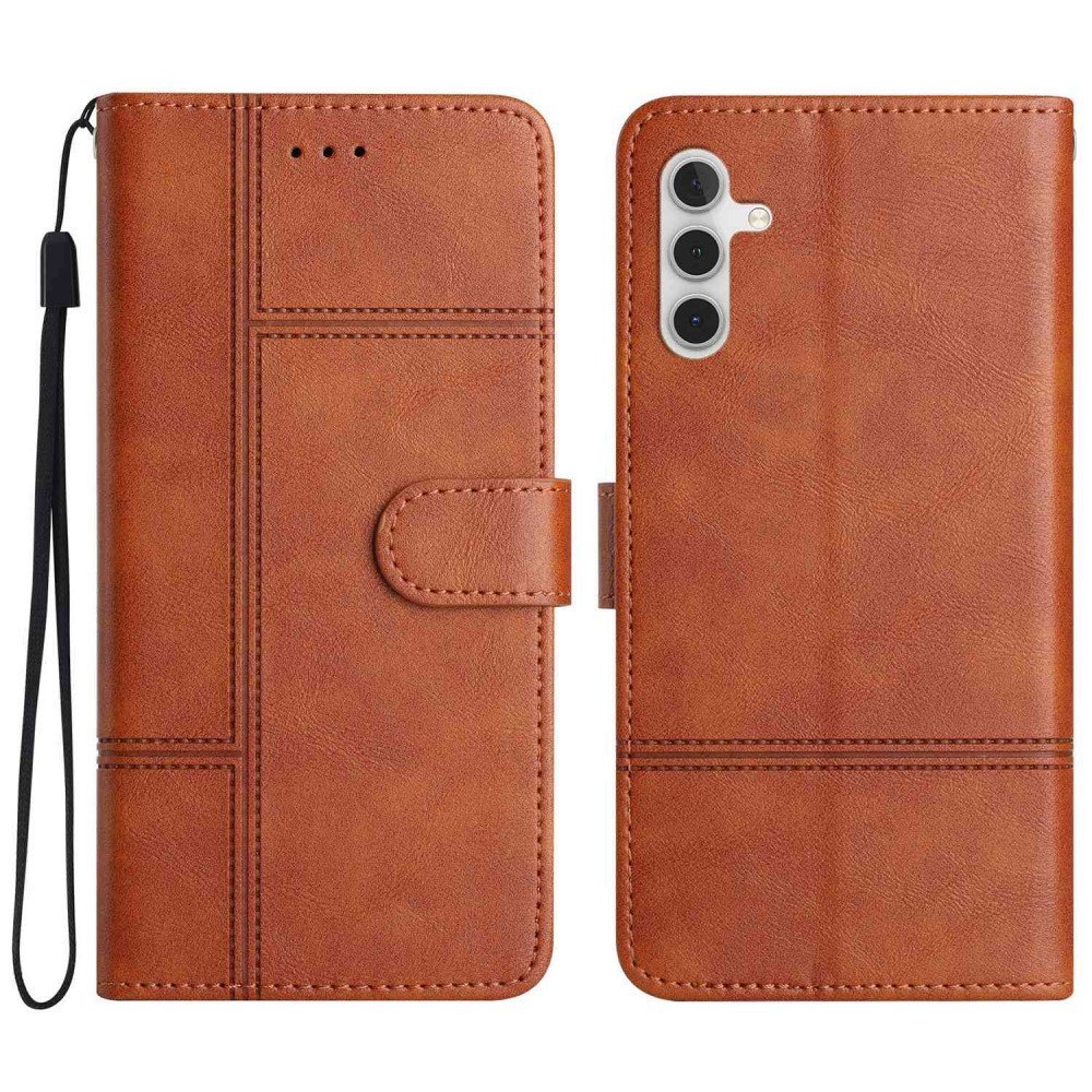 For Samsung Galaxy A04s 4G (164.7 x 76.7 x 9.1 mm) Anti-scratch Phone Shell Cowhide Texture PU Leather Sewing Line Decor Wallet Stand Case - Brown