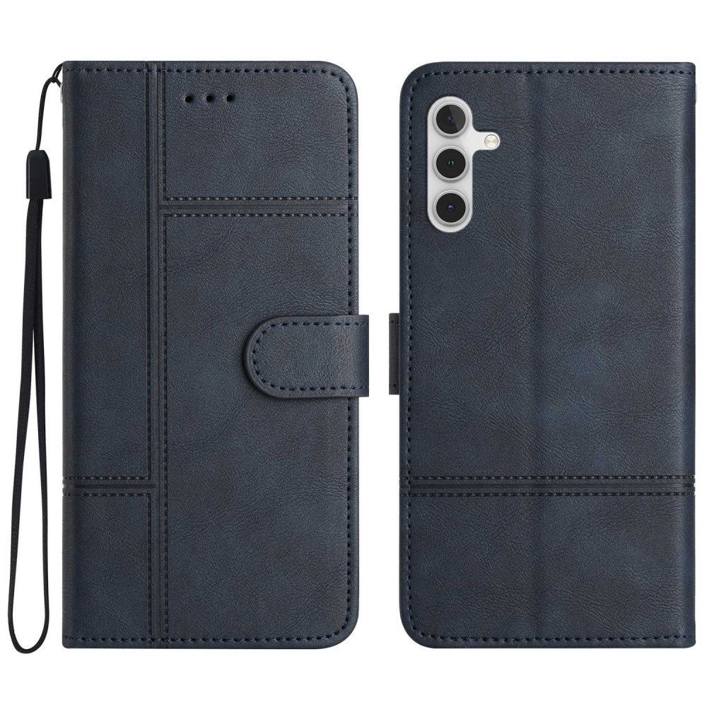 For Samsung Galaxy A04s 4G (164.7 x 76.7 x 9.1 mm) Anti-scratch Phone Shell Cowhide Texture PU Leather Sewing Line Decor Wallet Stand Case - Blue