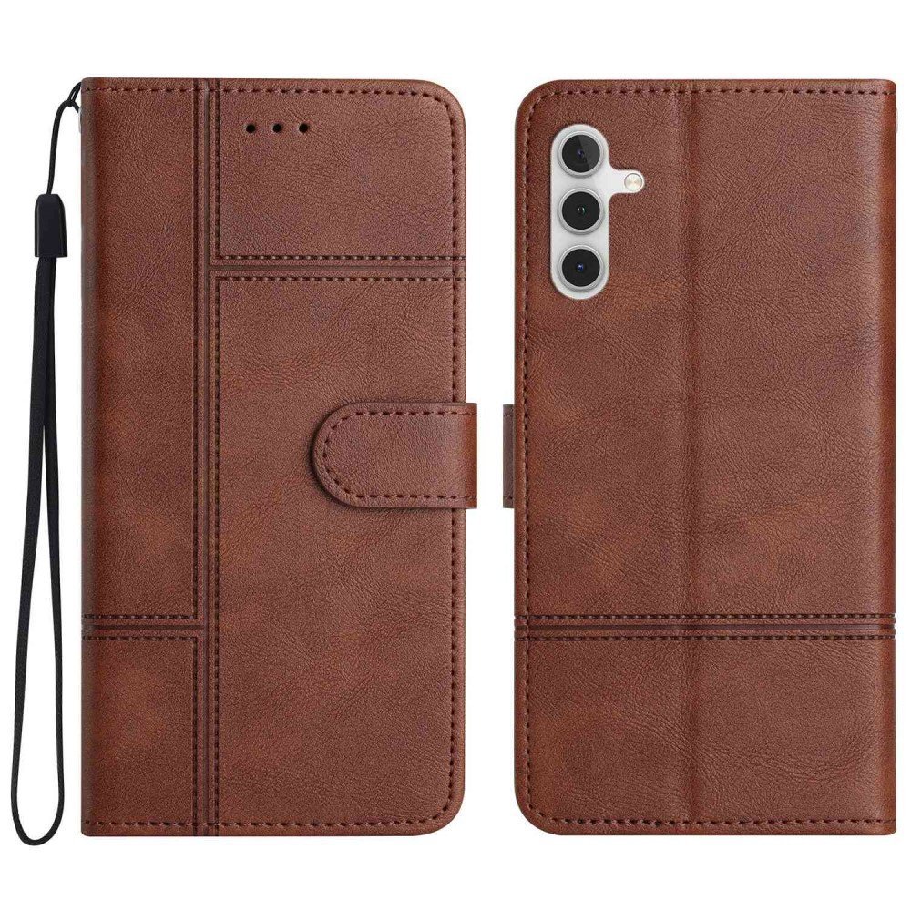 For Samsung Galaxy A04s 4G (164.7 x 76.7 x 9.1 mm) Anti-scratch Phone Shell Cowhide Texture PU Leather Sewing Line Decor Wallet Stand Case - Coffee