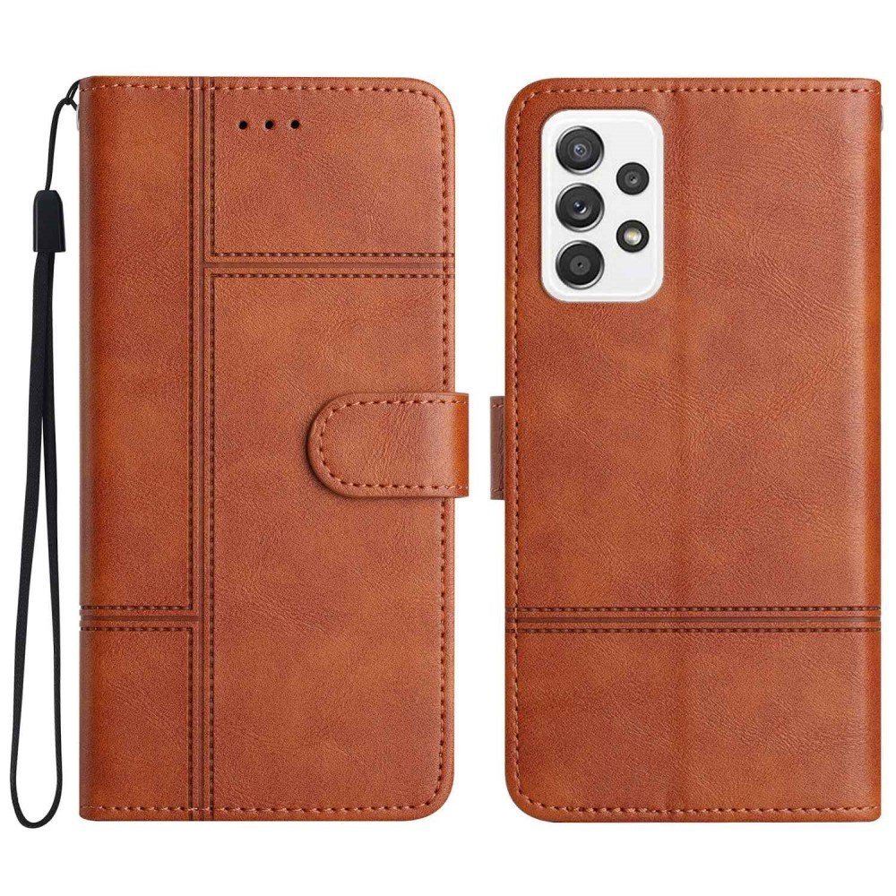 For Samsung Galaxy A72 4G / 5G Shockproof Case Business PU Leather Folio Flip Cover Lines Imprinted Stand Wallet Phone Case with Strap - Brown