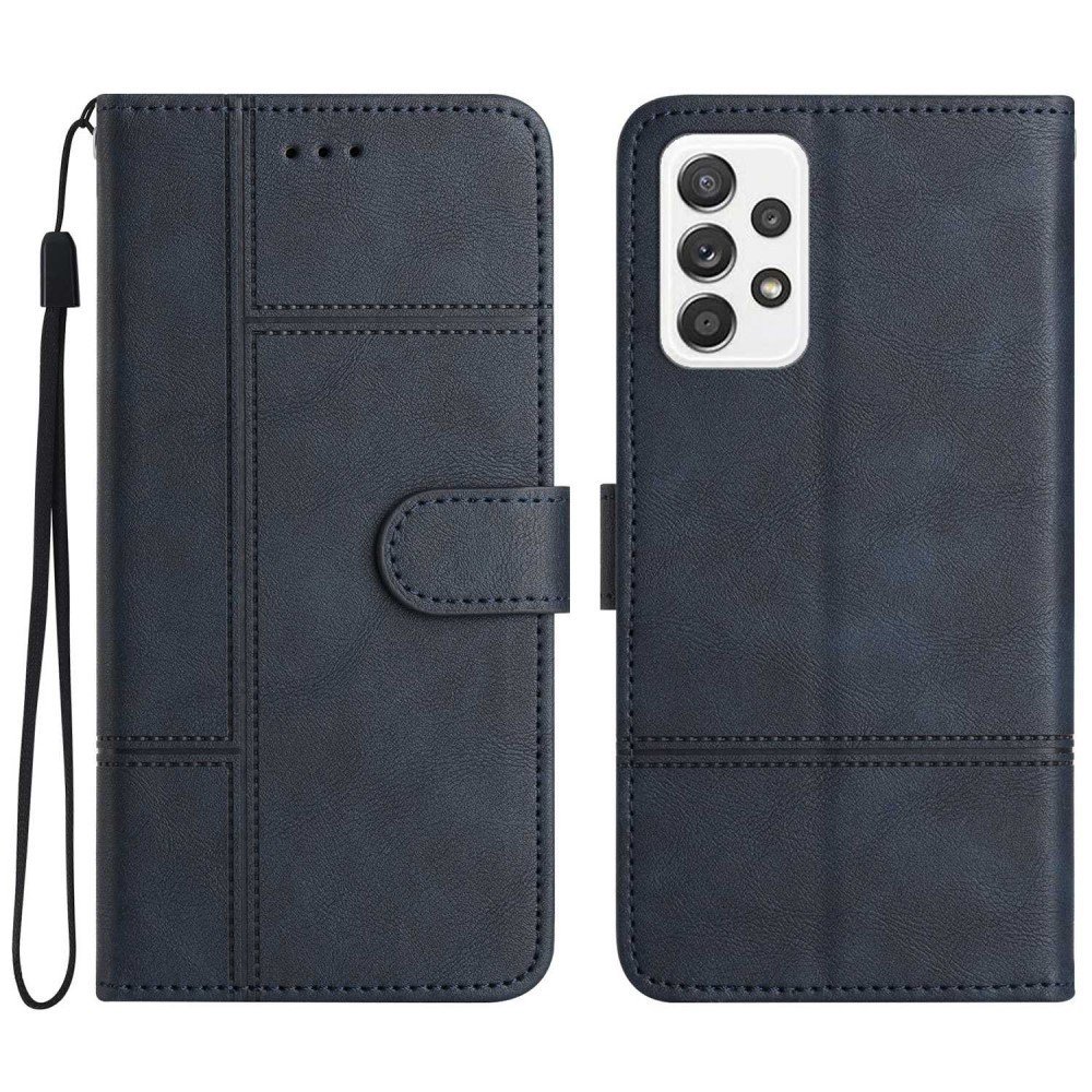 For Samsung Galaxy A72 4G / 5G Shockproof Case Business PU Leather Folio Flip Cover Lines Imprinted Stand Wallet Phone Case with Strap - Blue