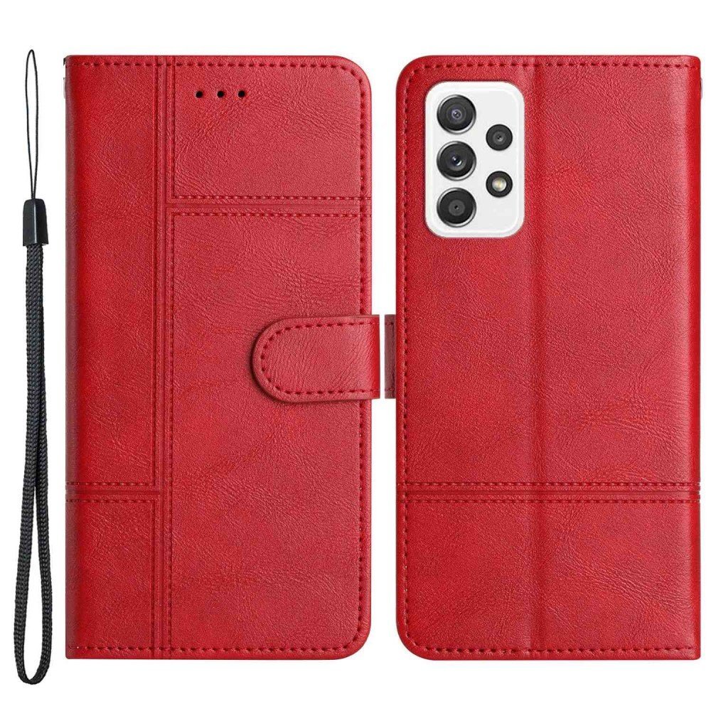 For Samsung Galaxy A23 5G (Global Version) / 4G Business PU Leather Flip Wallet Case Lines Imprinted Stand Magnetic Closure Cover with Strap - Red