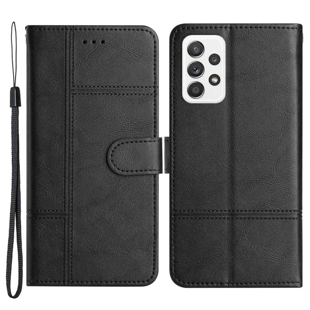 For Samsung Galaxy A23 5G (Global Version) / 4G Business PU Leather Flip Wallet Case Lines Imprinted Stand Magnetic Closure Cover with Strap - Black