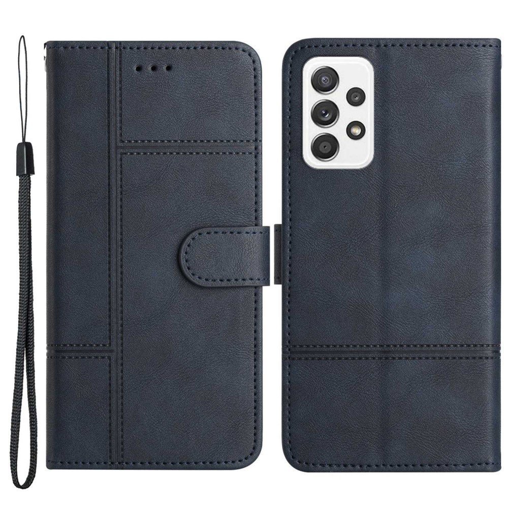 For Samsung Galaxy A23 5G (Global Version) / 4G Business PU Leather Flip Wallet Case Lines Imprinted Stand Magnetic Closure Cover with Strap - Blue