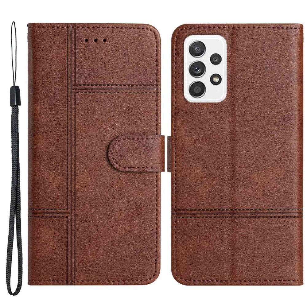 For Samsung Galaxy A23 5G (Global Version) / 4G Business PU Leather Flip Wallet Case Lines Imprinted Stand Magnetic Closure Cover with Strap - Coffee