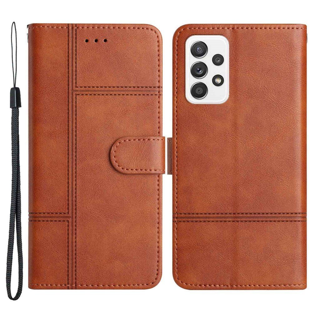 For Samsung Galaxy A23 5G (Global Version) / 4G Business PU Leather Flip Wallet Case Lines Imprinted Stand Magnetic Closure Cover with Strap - Brown