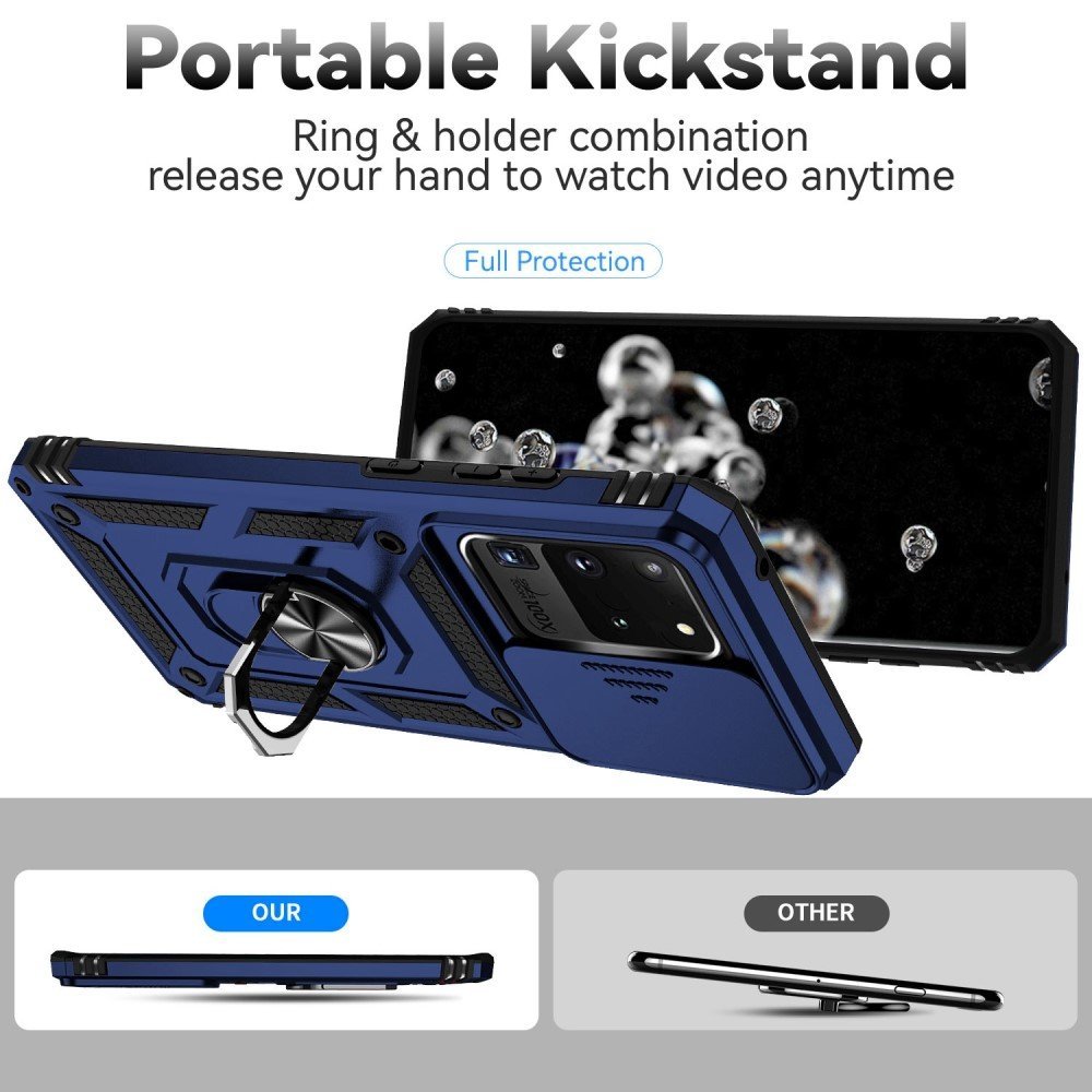 Hard PC + Soft TPU Phone Case for Samsung Galaxy S20 Ultra, Metal Ring Kickstand Anti-drop Cover with Slide Camera Protection - Blue – Image 2