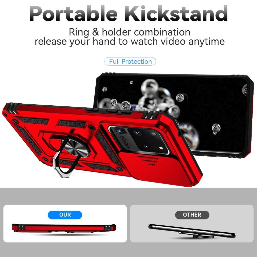 Hard PC + Soft TPU Phone Case for Samsung Galaxy S20 Ultra, Metal Ring Kickstand Anti-drop Cover with Slide Camera Protection - Red – Image 2