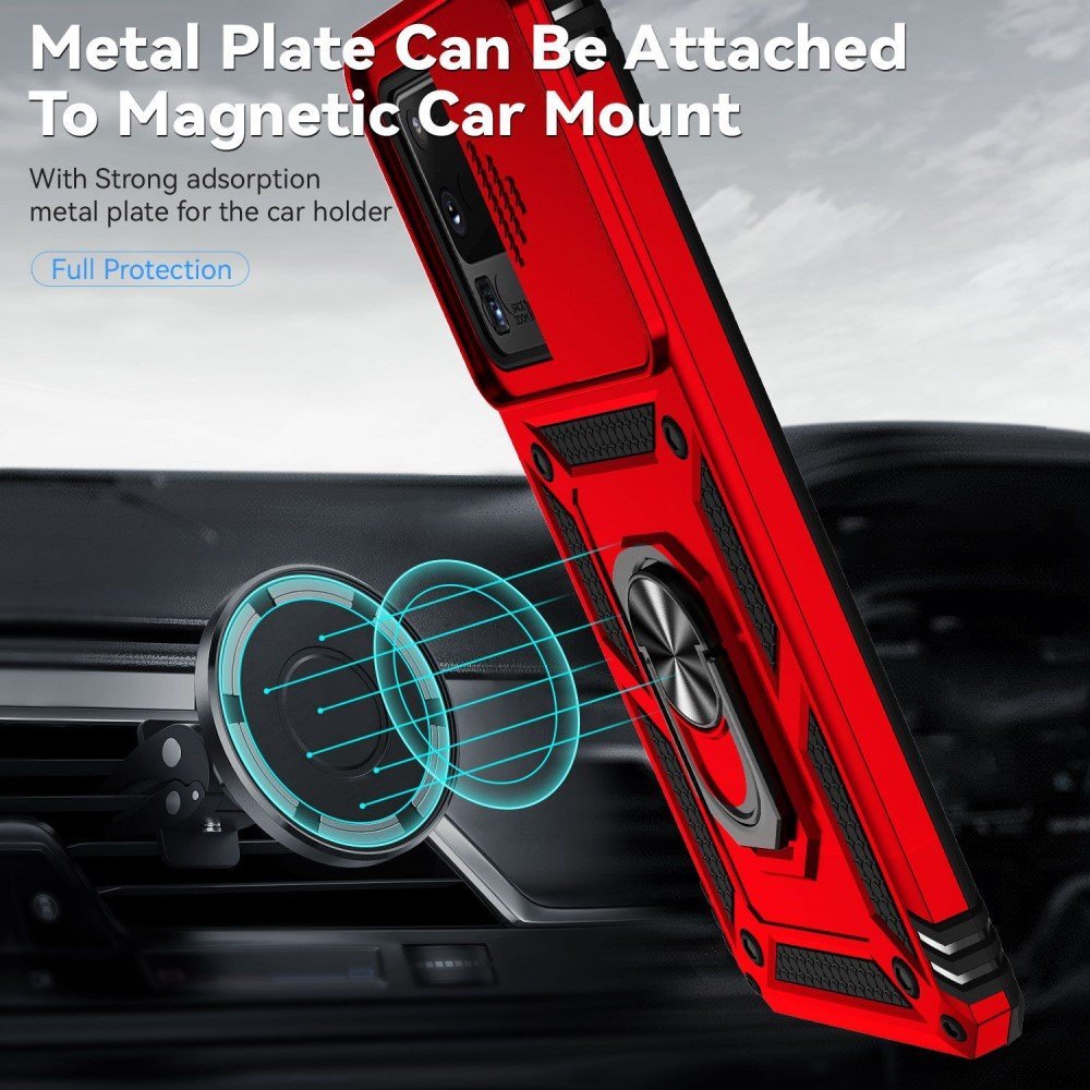 Hard PC + Soft TPU Phone Case for Samsung Galaxy S20 Ultra, Metal Ring Kickstand Anti-drop Cover with Slide Camera Protection - Red – Image 3