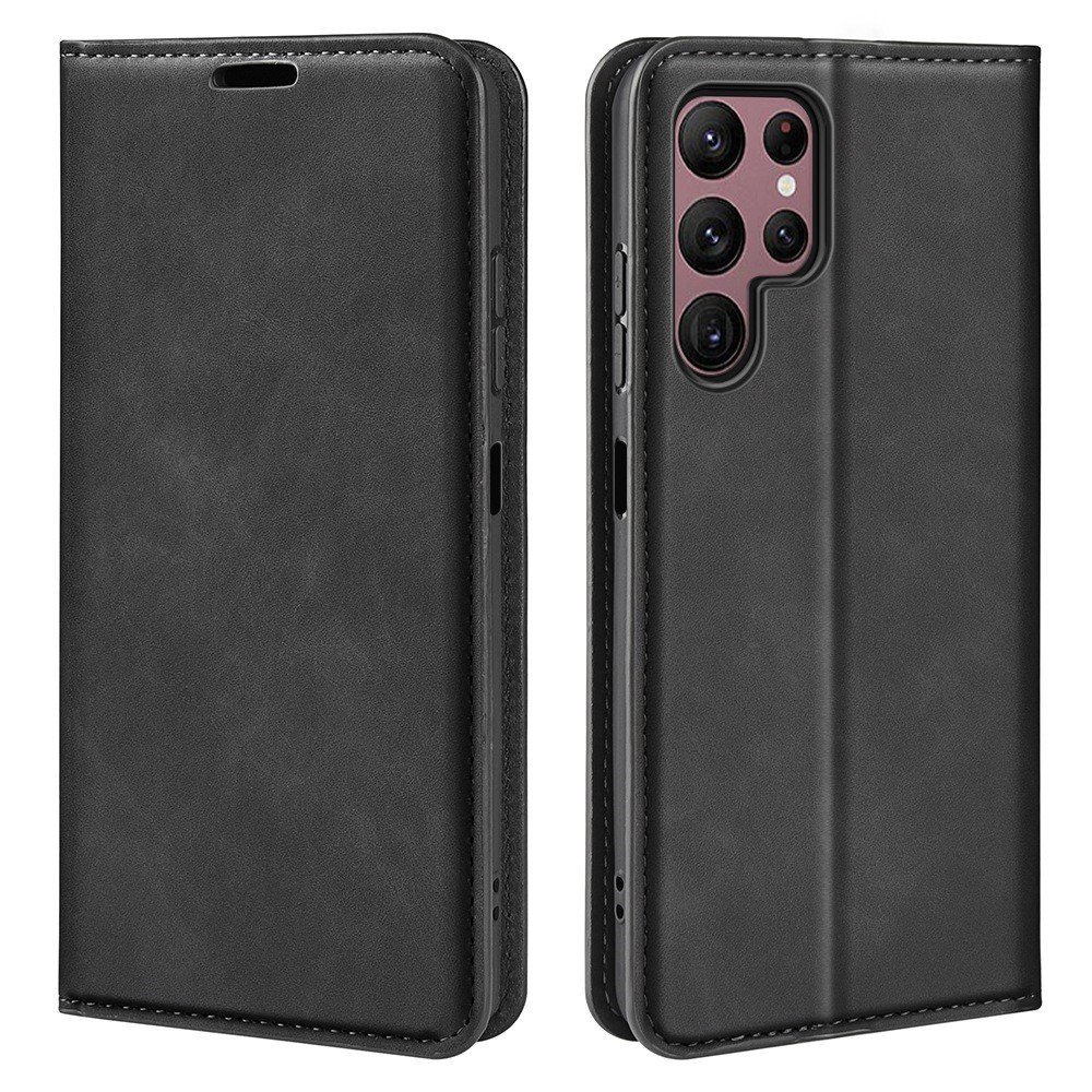 For Samsung Galaxy S23 Ultra Skin-touch Feeling PU Leather Cover Magnetic Auto-absorbed Phone Case with Stand Wallet - Black