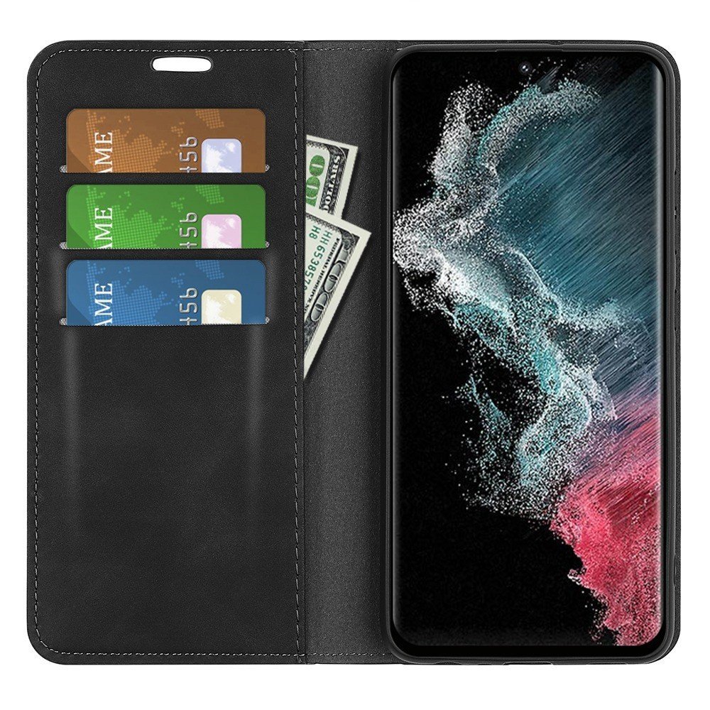 For Samsung Galaxy S23 Ultra Skin-touch Feeling PU Leather Cover Magnetic Auto-absorbed Phone Case with Stand Wallet - Black – Image 2