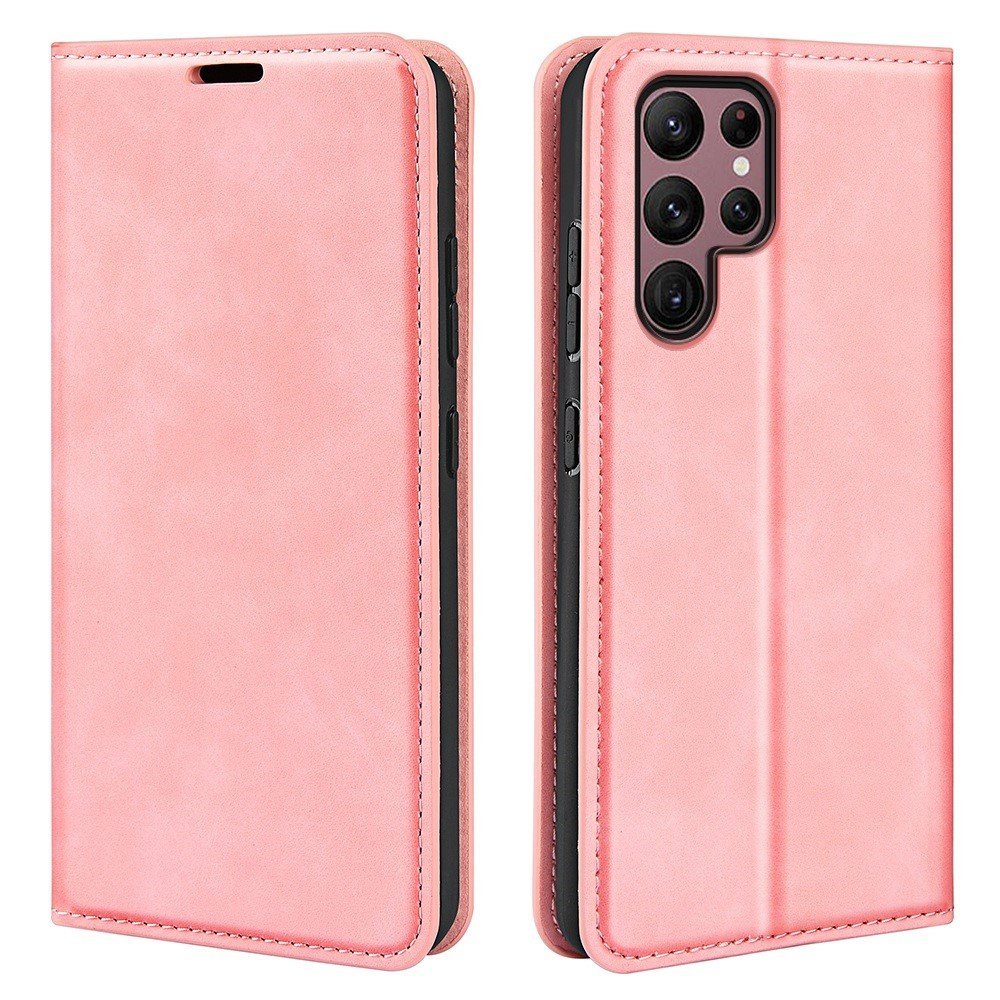 For Samsung Galaxy S23 Ultra Skin-touch Feeling PU Leather Cover Magnetic Auto-absorbed Phone Case with Stand Wallet - Pink