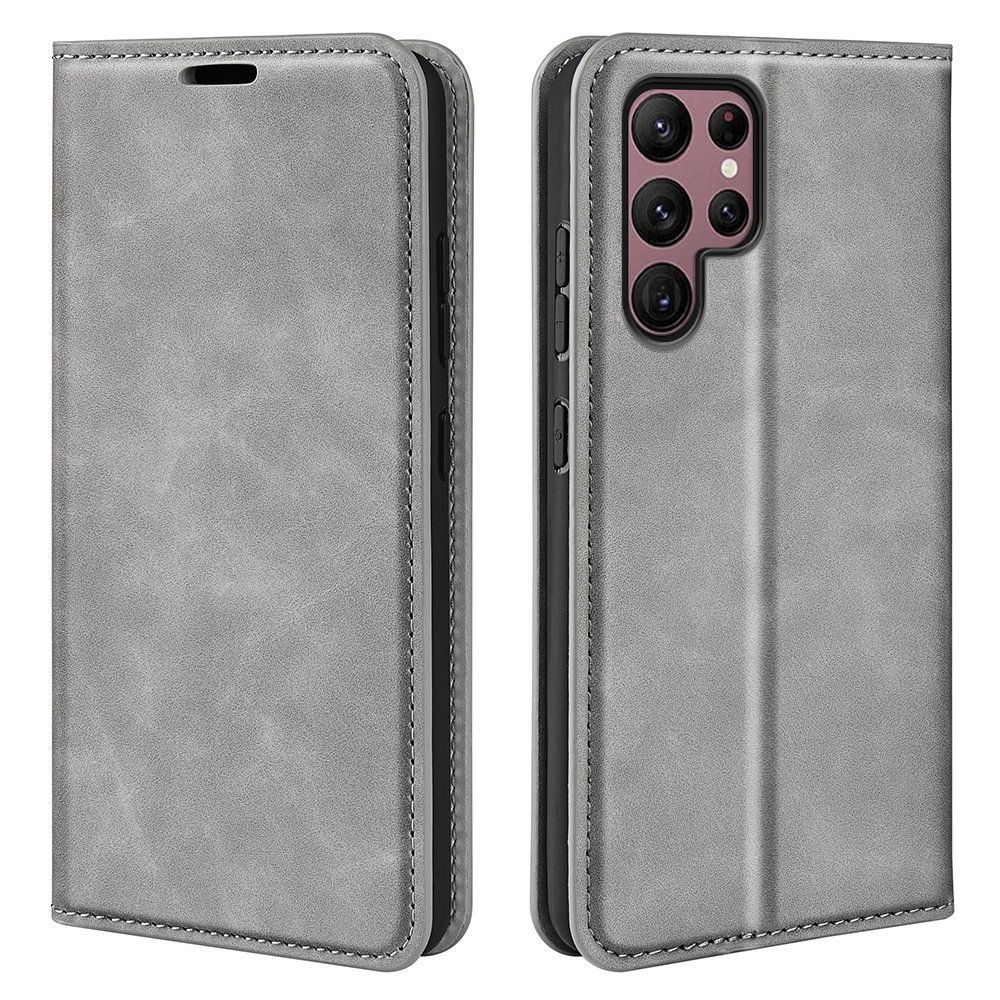 For Samsung Galaxy S23 Ultra Skin-touch Feeling PU Leather Cover Magnetic Auto-absorbed Phone Case with Stand Wallet - Grey