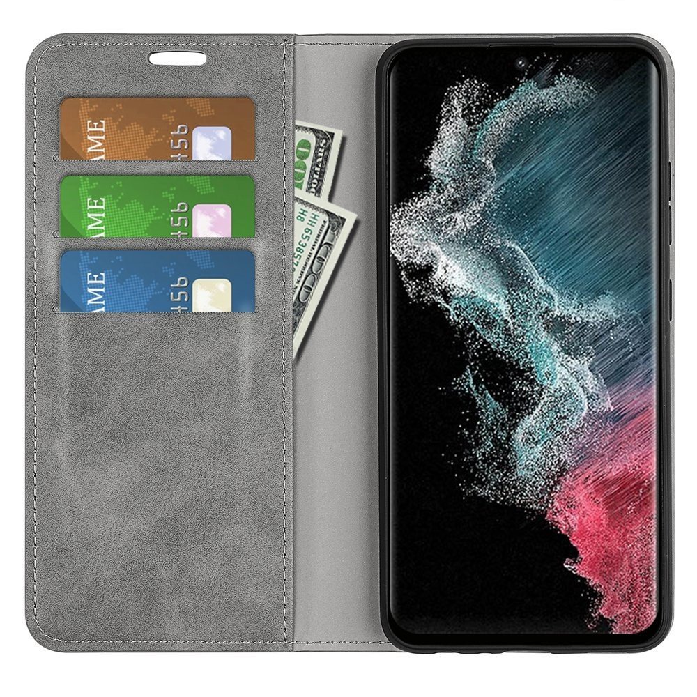 For Samsung Galaxy S23 Ultra Skin-touch Feeling PU Leather Cover Magnetic Auto-absorbed Phone Case with Stand Wallet - Grey – Image 2