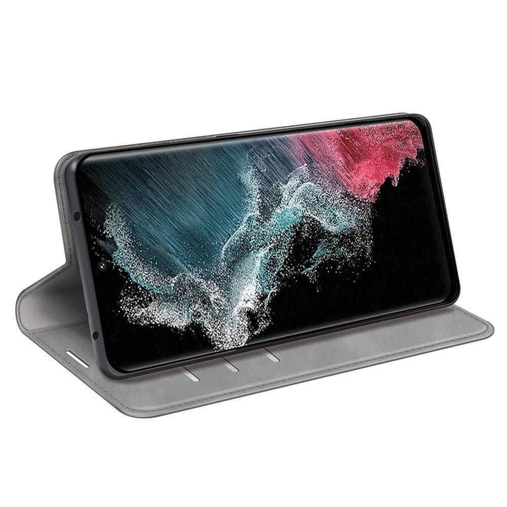 For Samsung Galaxy S23 Ultra Skin-touch Feeling PU Leather Cover Magnetic Auto-absorbed Phone Case with Stand Wallet - Grey – Image 3