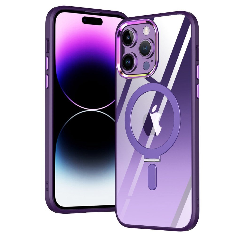 For iPhone 14 Pro Max Electroplating Design PC+TPU Shockproof Phone Cover Kickstand Raised Camera Bezel Clear Magnetic Phone Case - Dark Purple