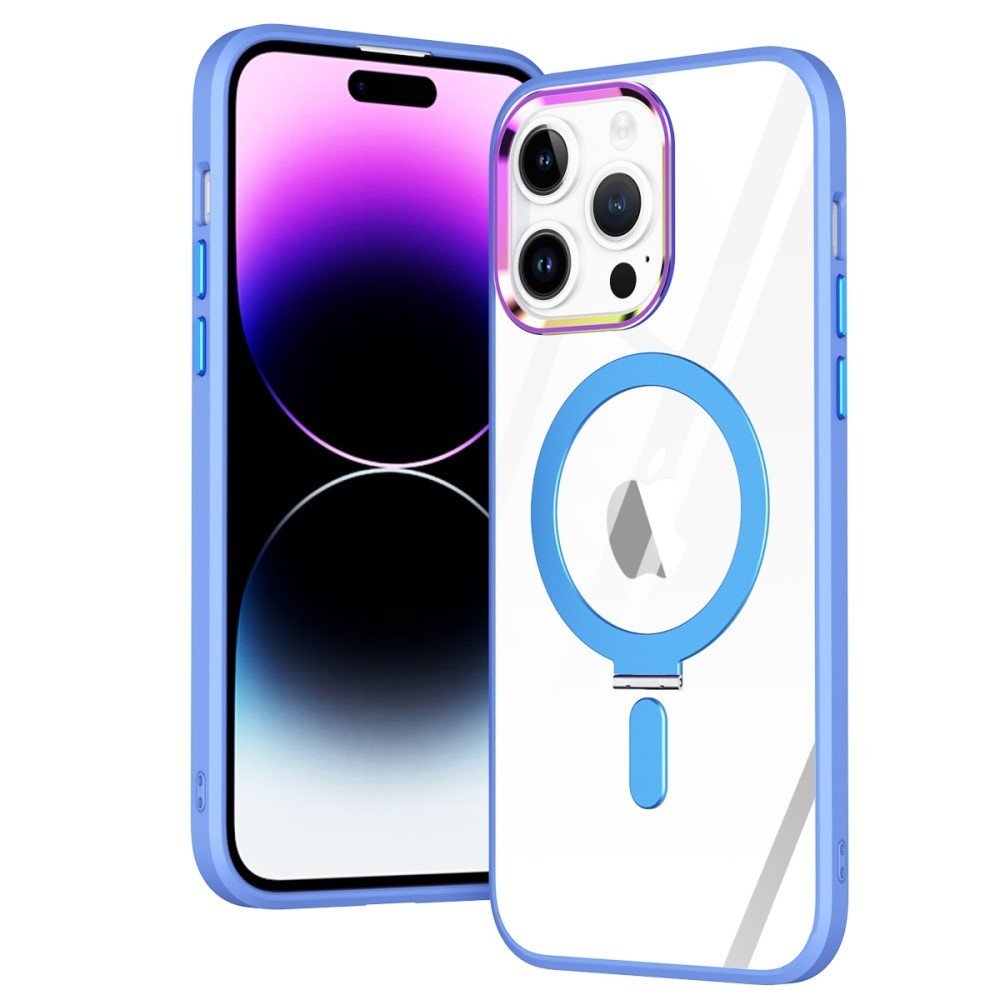 For iPhone 14 Pro Max Electroplating Design PC+TPU Shockproof Phone Cover Kickstand Raised Camera Bezel Clear Magnetic Phone Case - Blue