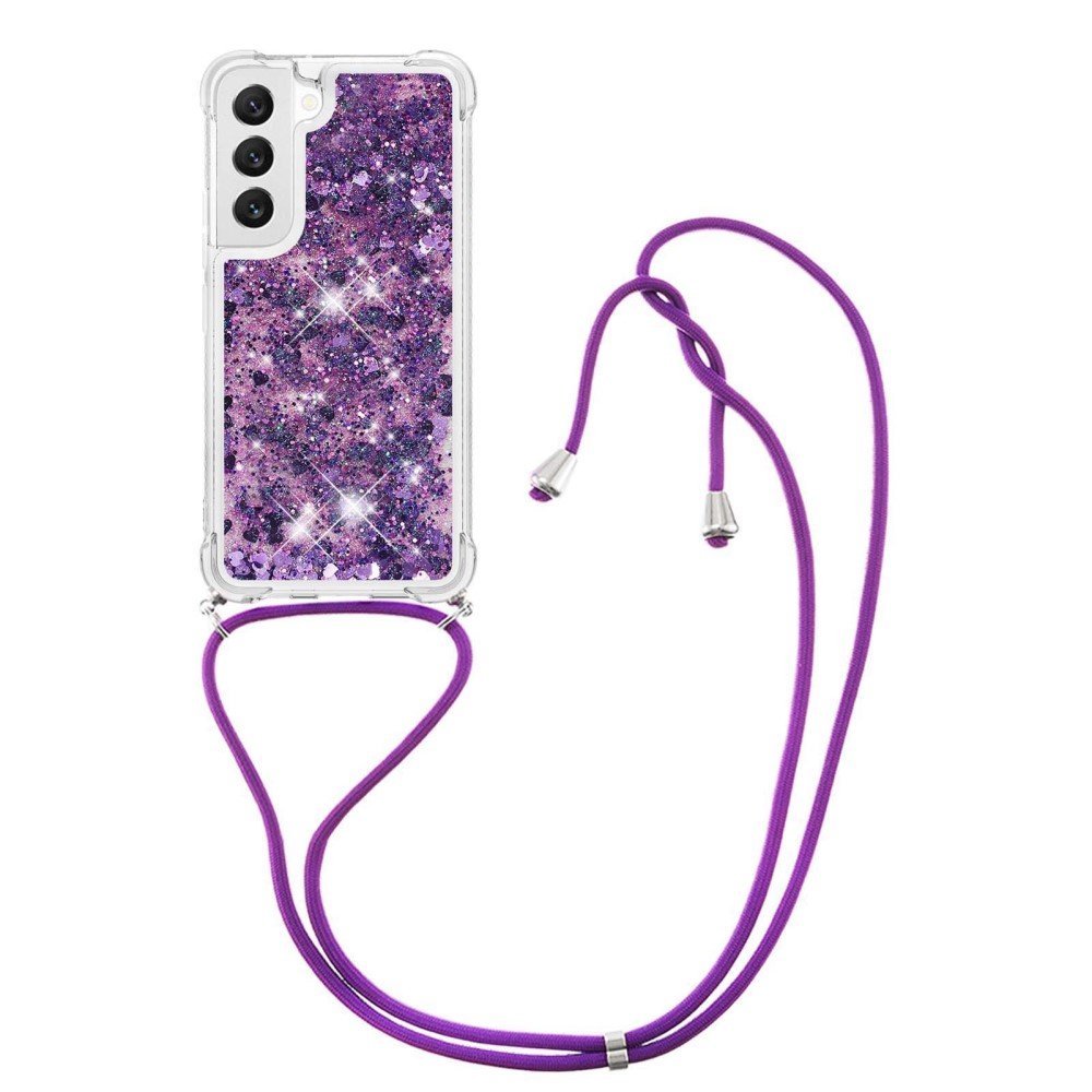 YB Quicksand Series-4 Phone Case for Samsung Galaxy S23 Liquid Quicksand Shockproof TPU Cover with Lanyard - Dark Purple / Hearts